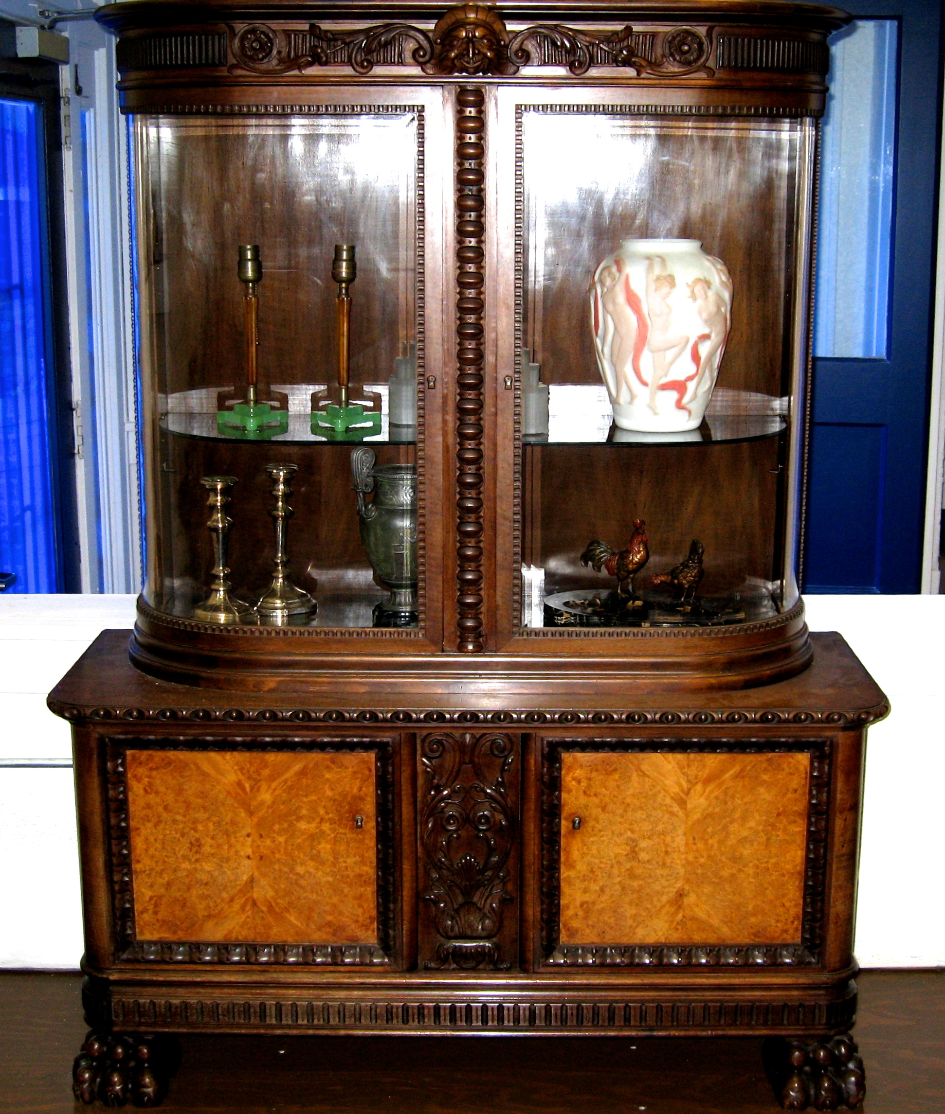 19th Century Austrian Walnut Cabinet w/Curved Glass & Burl Panels (22 1/2" D x  50 1/2" W x 67 1/2" H)