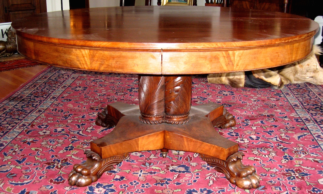 19th Century Round Mahogany Dining Table w/Paw Feet Expands to 9" w/leaves) (We Can Restore to Customer's Specifications)