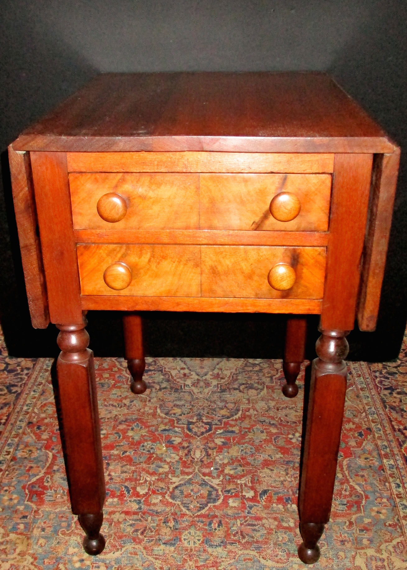 19th Century Walnut 2-Drawer, Drop Leaf Side Table w/Burl Drawer Fronts
