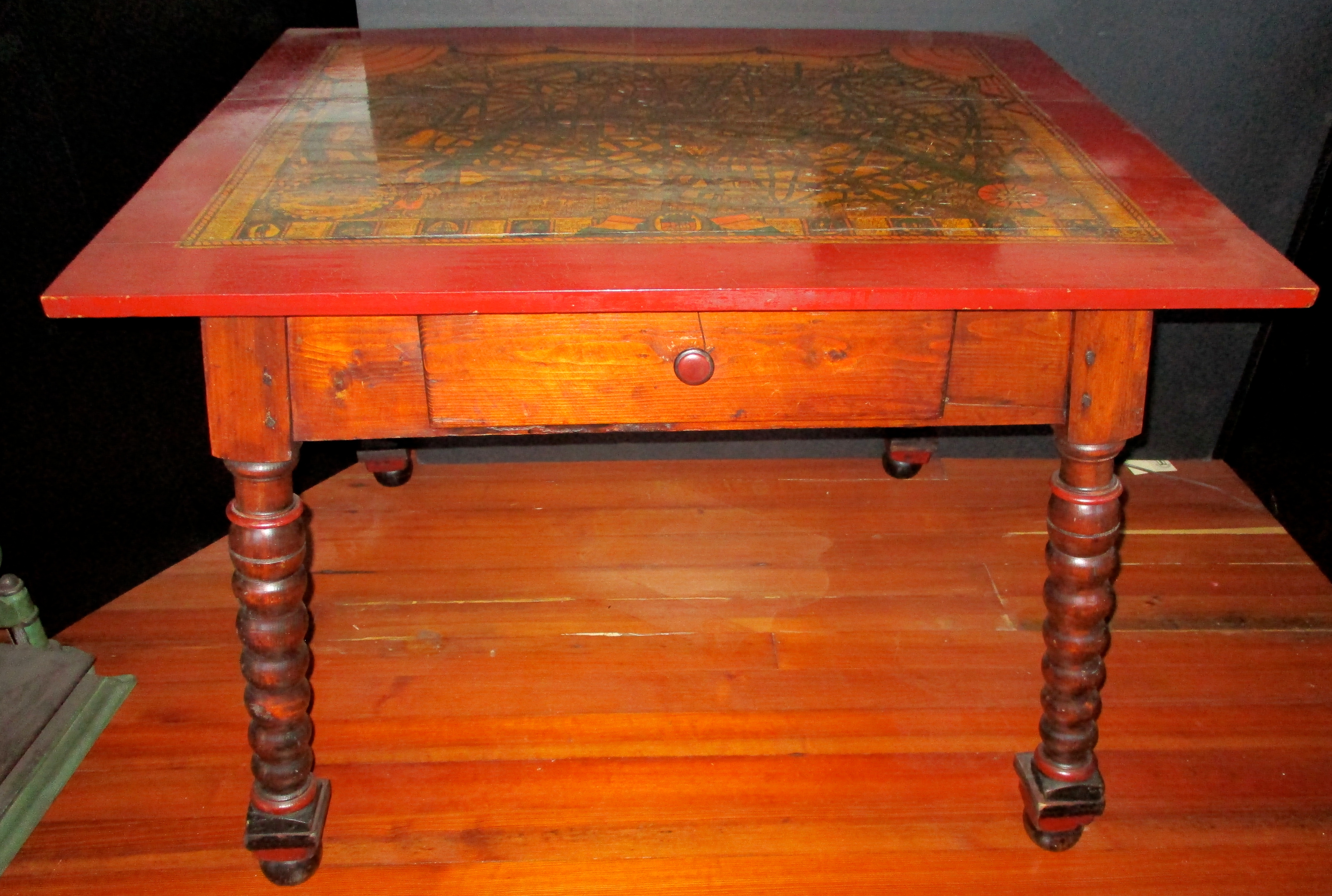 Early 1900's French Painted Pine Table w/Later Decoupage Paris Metro Map on Top