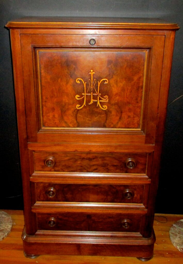 19th century American Walnut Secretaire a Abattant form Desk Emblazoned w/Initials (31 1'2" W x 19 D x 55 H)