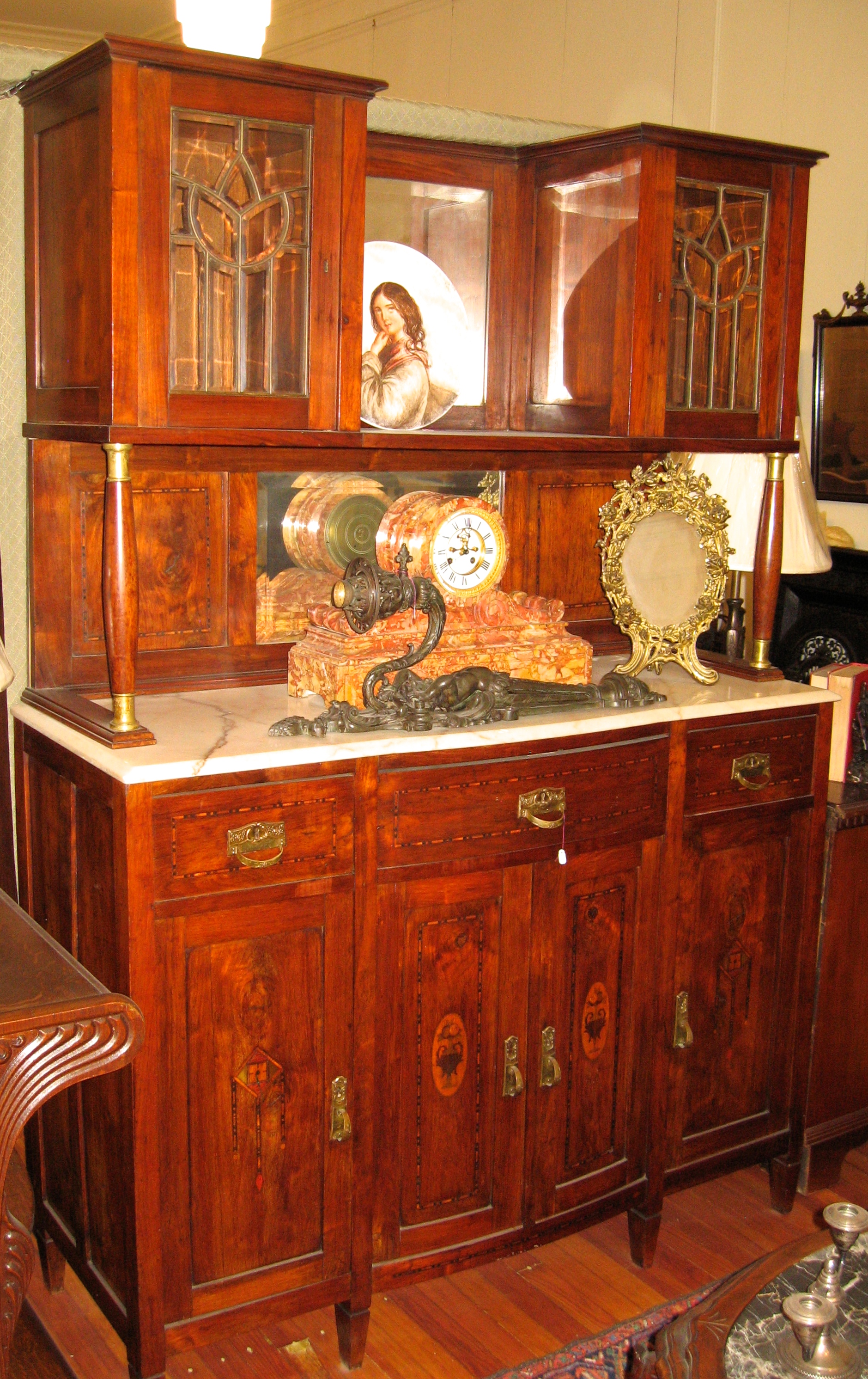 19th Century French Art Nouveau Sideboard/Cabinet w/ Leaded Beveled Glass Doors and Multiple Inlays (19" D x 52" W x  75" H)