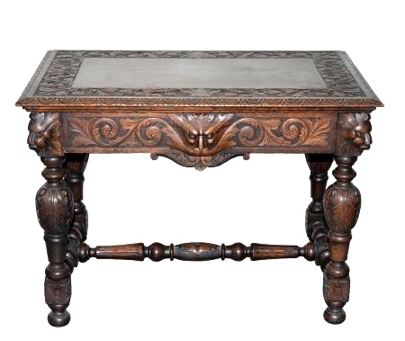Ca. 1900 Carved Oak North Wind & Scroll Design Library Table in The Style Of Horner, One Drawer ( 30" H x 42" W x 27" D)