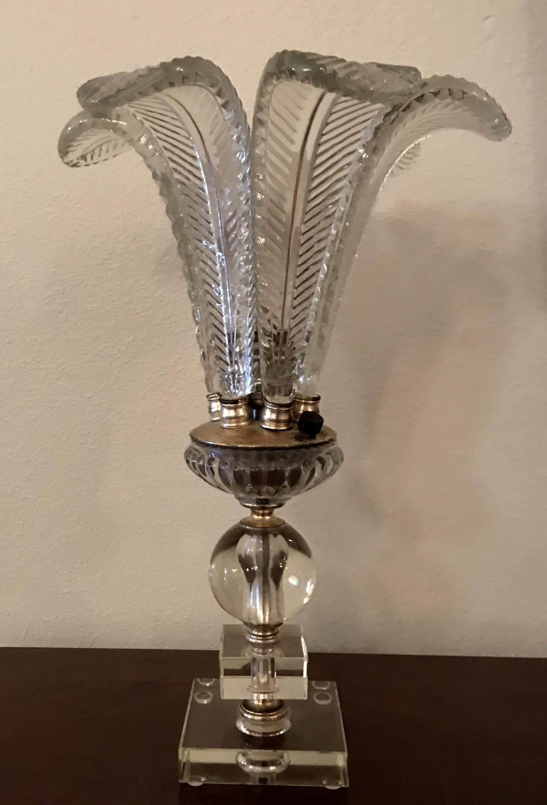One of a Pair of Refurbished Glass Palm Leaf Table Lamps (11 1/2" Diameter 17 1/2" H)