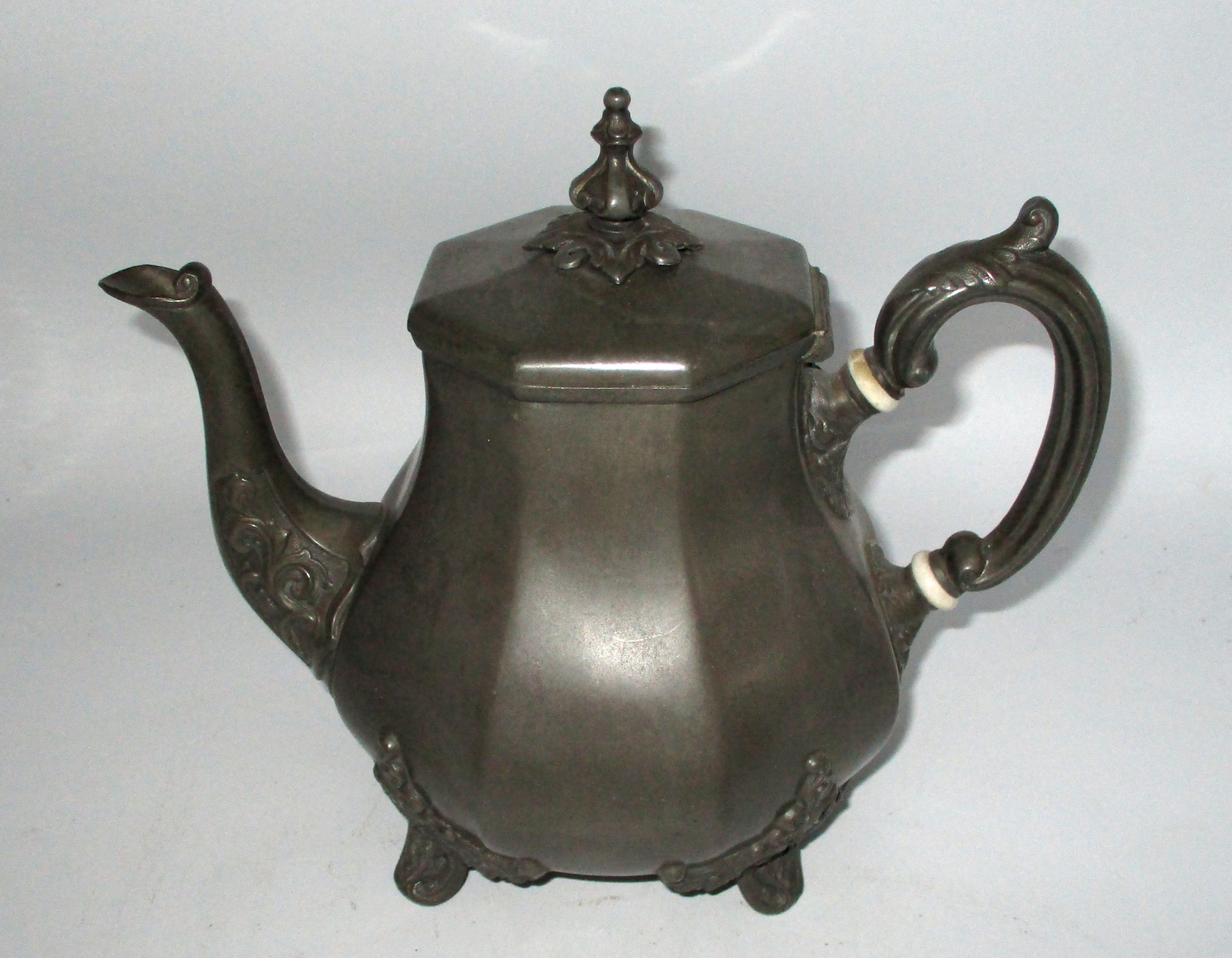 19th Century James Allen - Shefield Pewter Tea Pot w/Bone Handle Heat Insulators