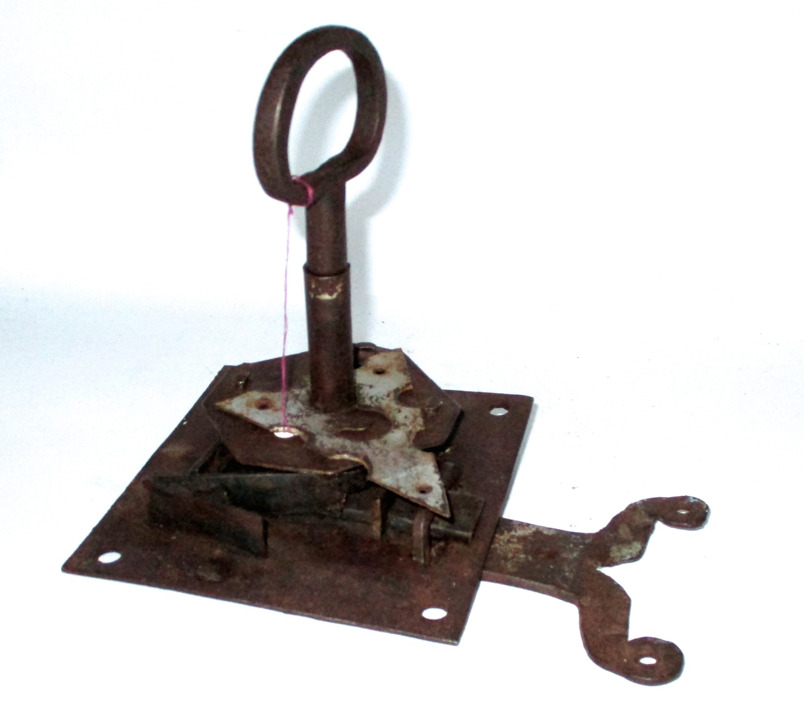18th Century Forged Iron Lock w/Original Key, Latch Plate, & Escutcheon - (Fully Functional Mechanism)