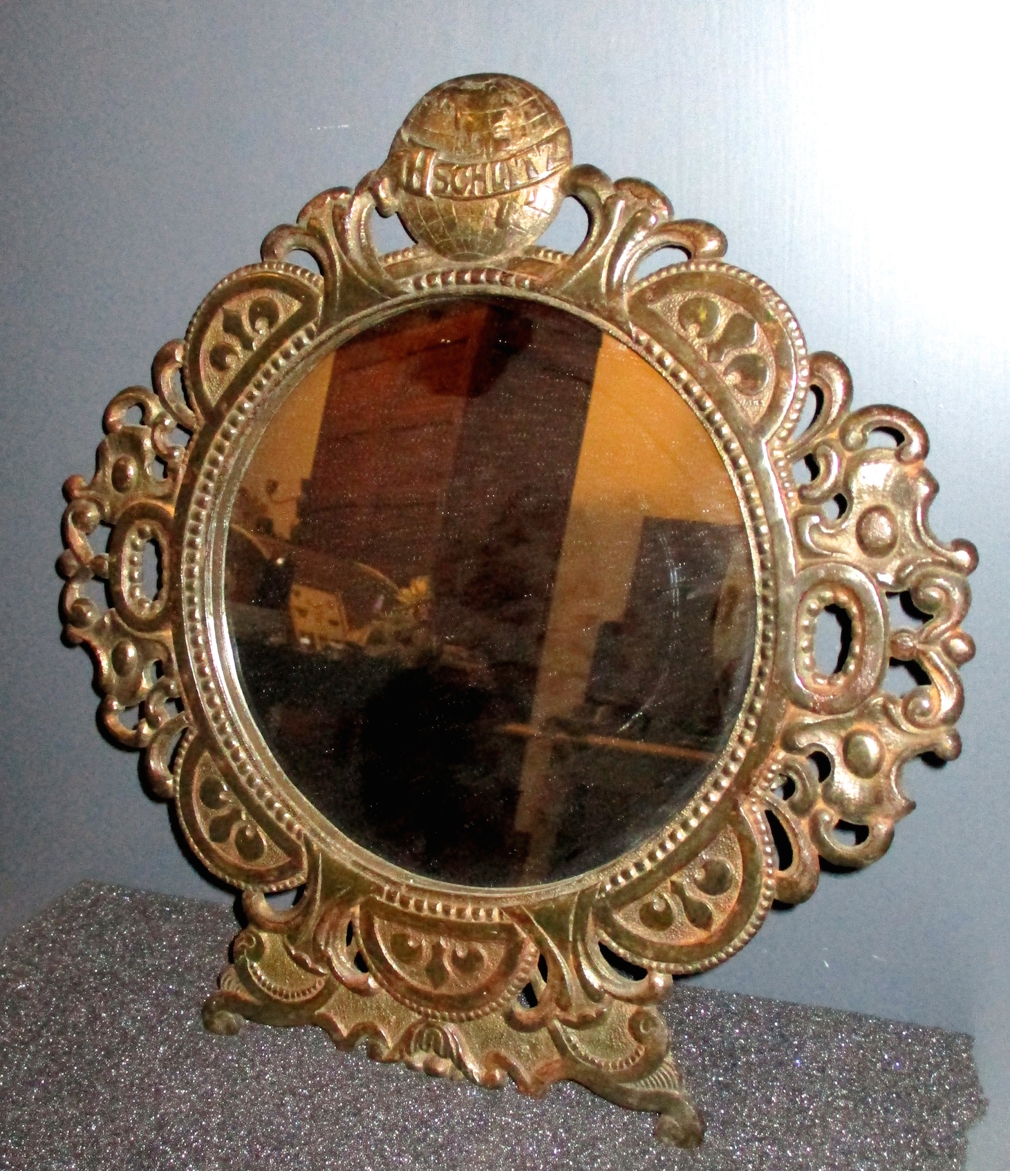 Schlitz Beer Brass on Cast Iron Framed Mirror (11 1/2" x 12")