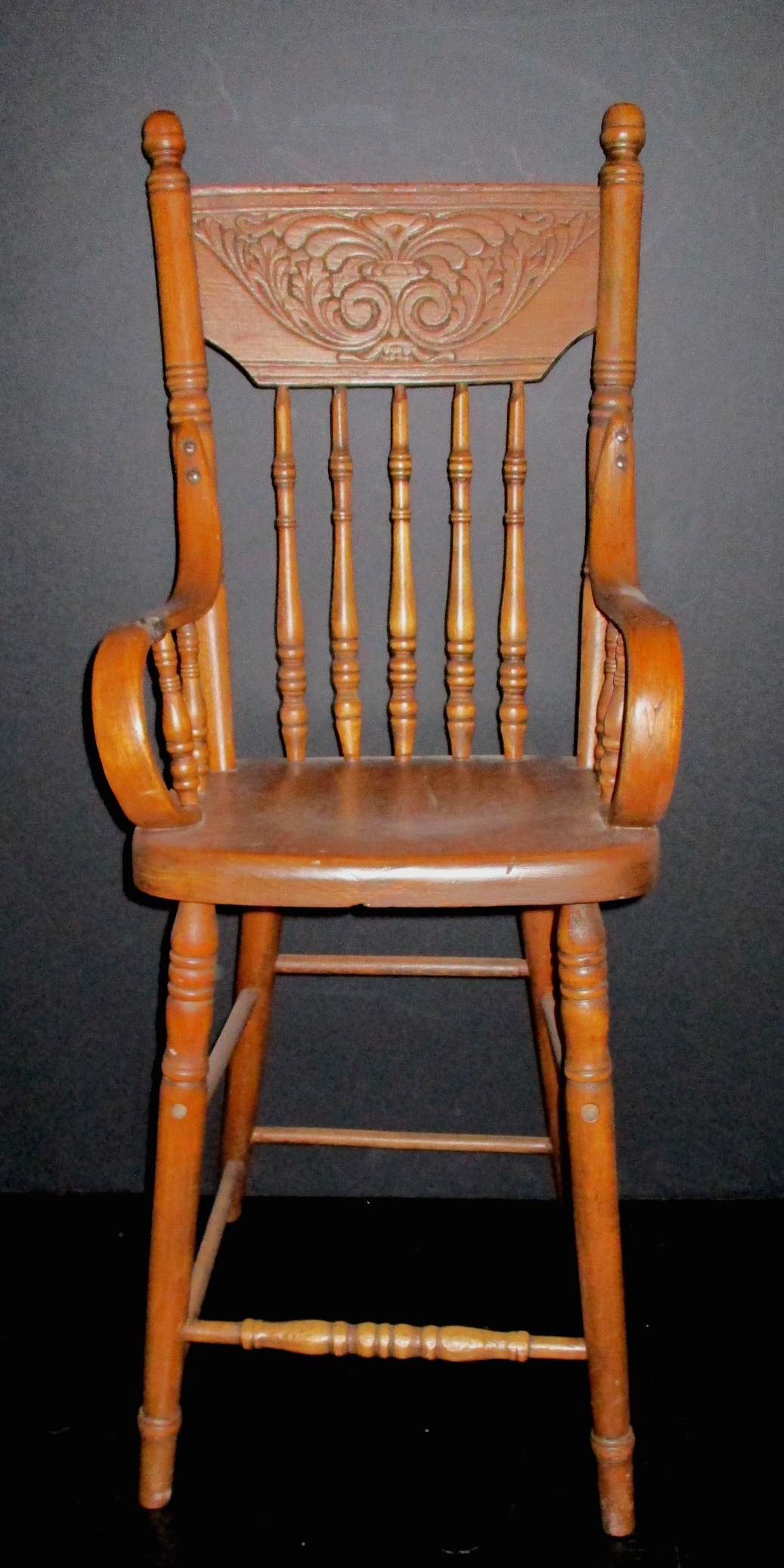 Oak Child's High Chair w/Pressed Design Crest Rail