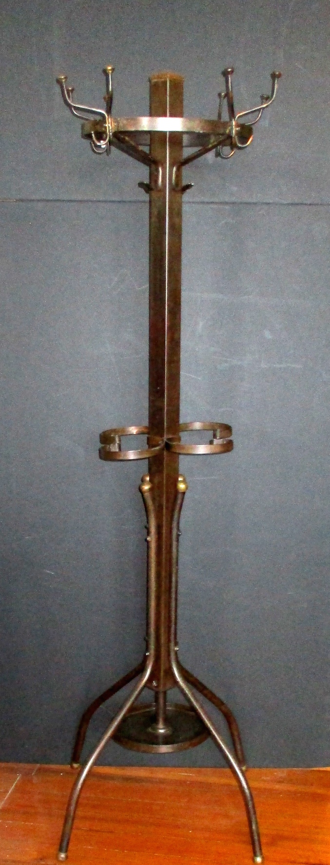 Brass and Iron Hat and Coat Stand w/ japanned Accents (70" Tall x 27" Base)