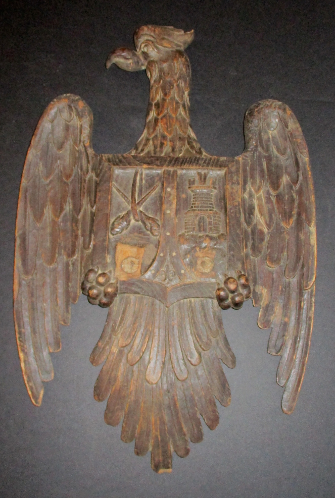 19th Century Hand-carved Eagle Armorial Crest (20" L x 13" W)
