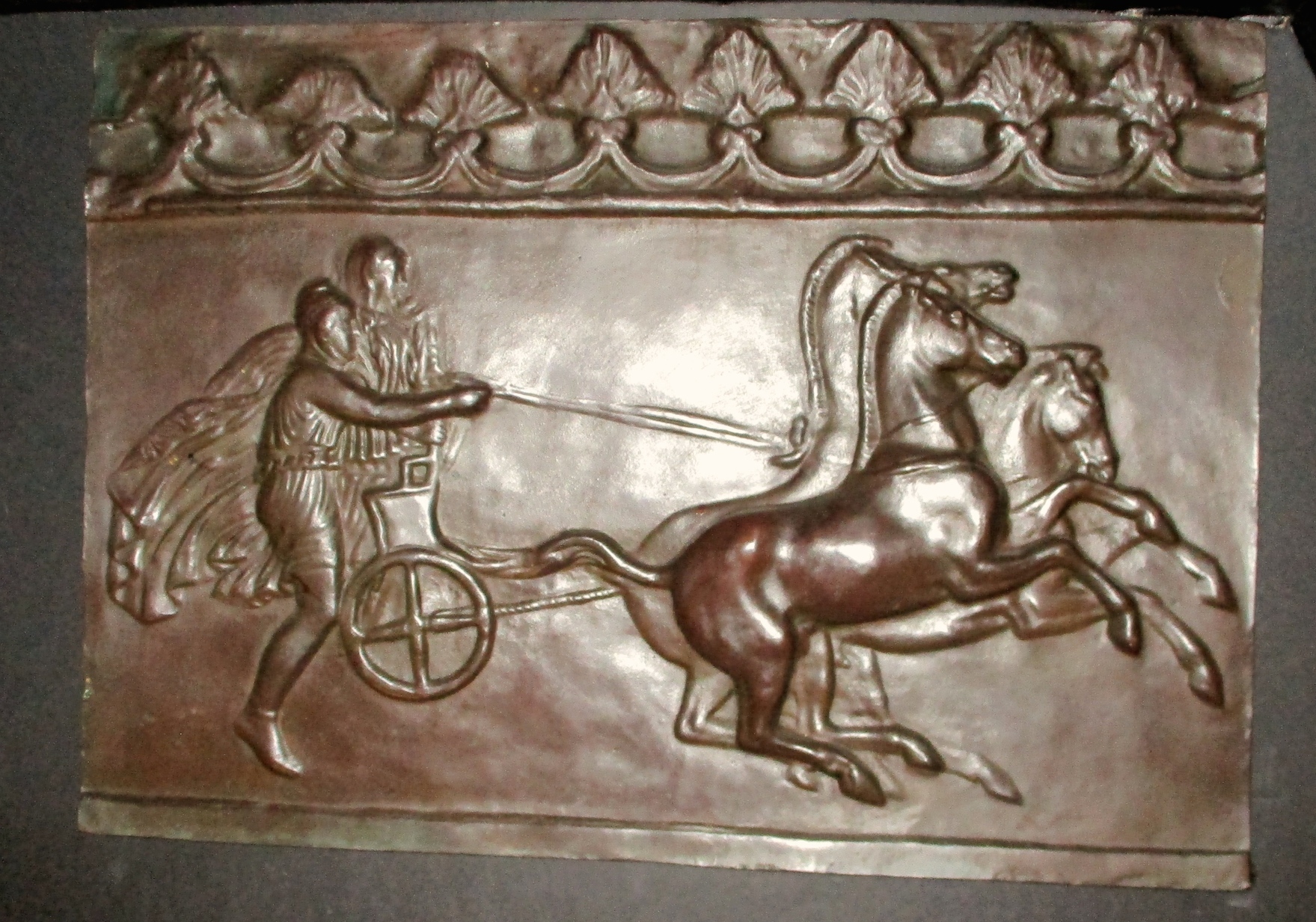 Bronze Bas-relief Plaque Made From an Ancient Relic Showing a Three Horse Chariot with 2 Men (13"  H x 19"W and Weighing ~ 20#)