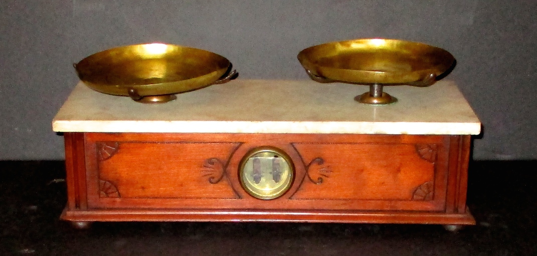 19th Century Carved Wooden Base Apothecary Scales w/Marble Top and Brass Pans