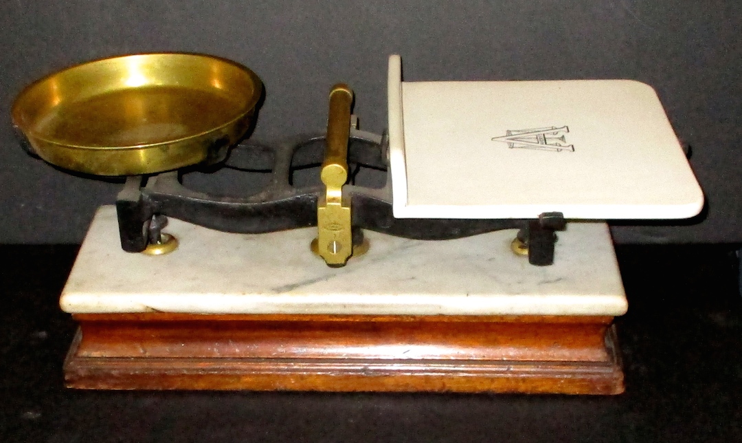 Avery Apothecary Scale w/Marble Top, Porcelain Weight Platform, Brass Pan and Original Weights