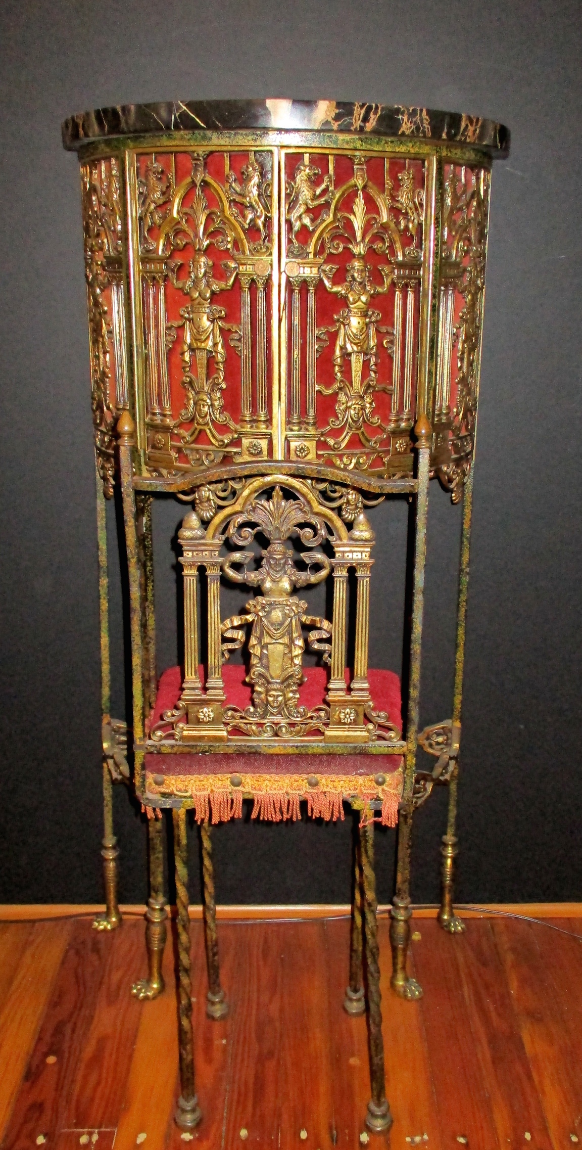 Bronze & Iron Telephone Stand w/Chair w/Oriental Motif (Attributed to Oscar Bach/Segar Studios)