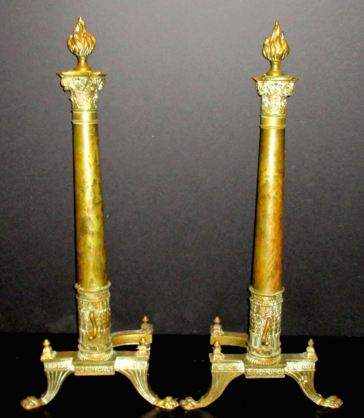 Pair of Large Bronze Andirons w/Flame Finials (30" x 13") (Original Condition - We Will Restore to Your Specifications)