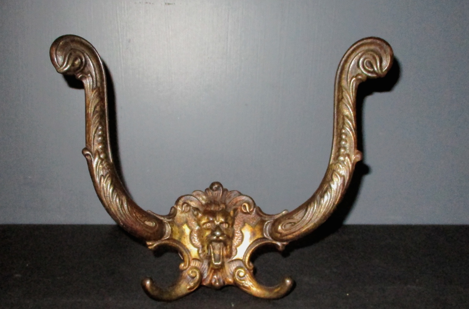 19th Century Brass Plated Iron Coat Hook w/Grotesque Face - 6 1/2" W x 5" H x 3" D)