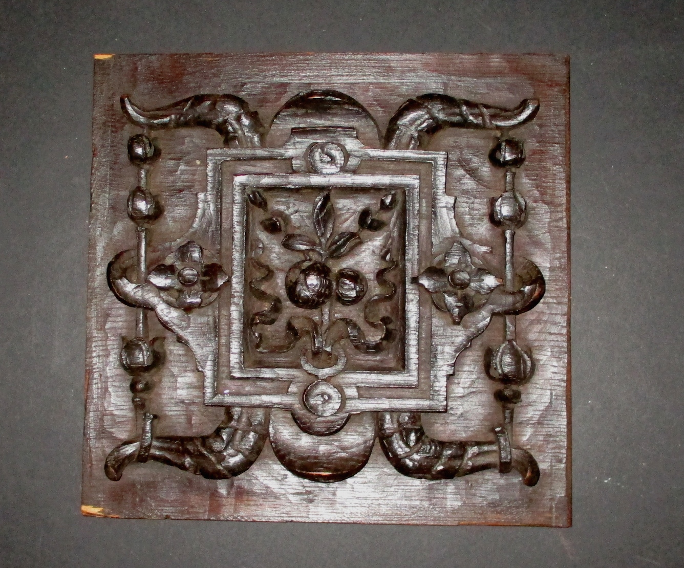 19th Century European Hand-carved Wooden Cabinet Panel (10" x 10")