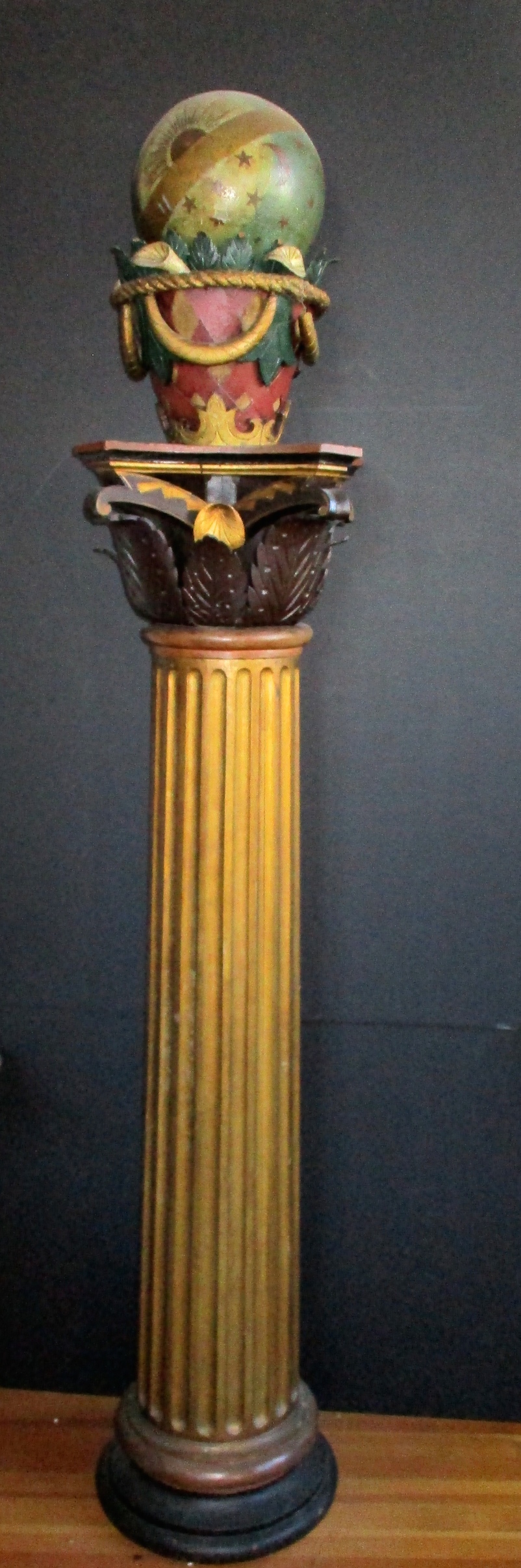 One of a Pair of 19th Century Hand-crafted Masonic Lodge Columns (This one with the Terrestrial Globe) (80" H x 18" Max. D)