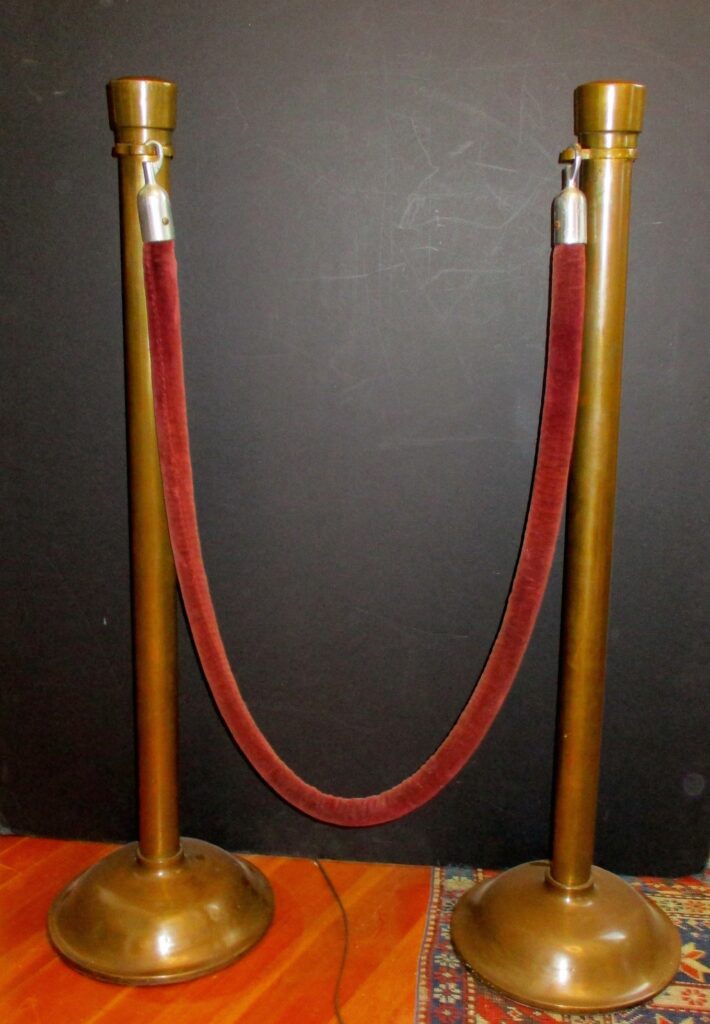 Pair of Rose Brass Theatre Stanchions w/Velvet Covered Connector 