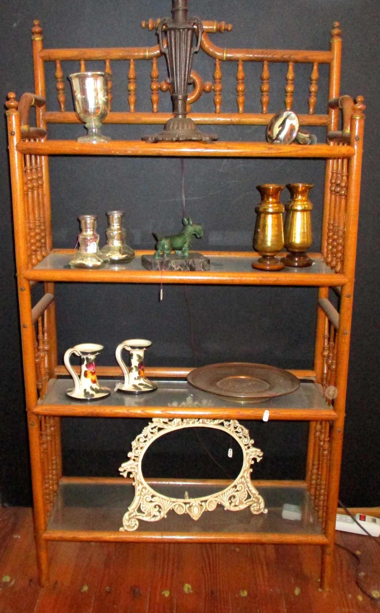 Ca. 1900 Oak Stick & Ball 4-Shelf Stand (25" W x 46' H 10 1/2"D) 