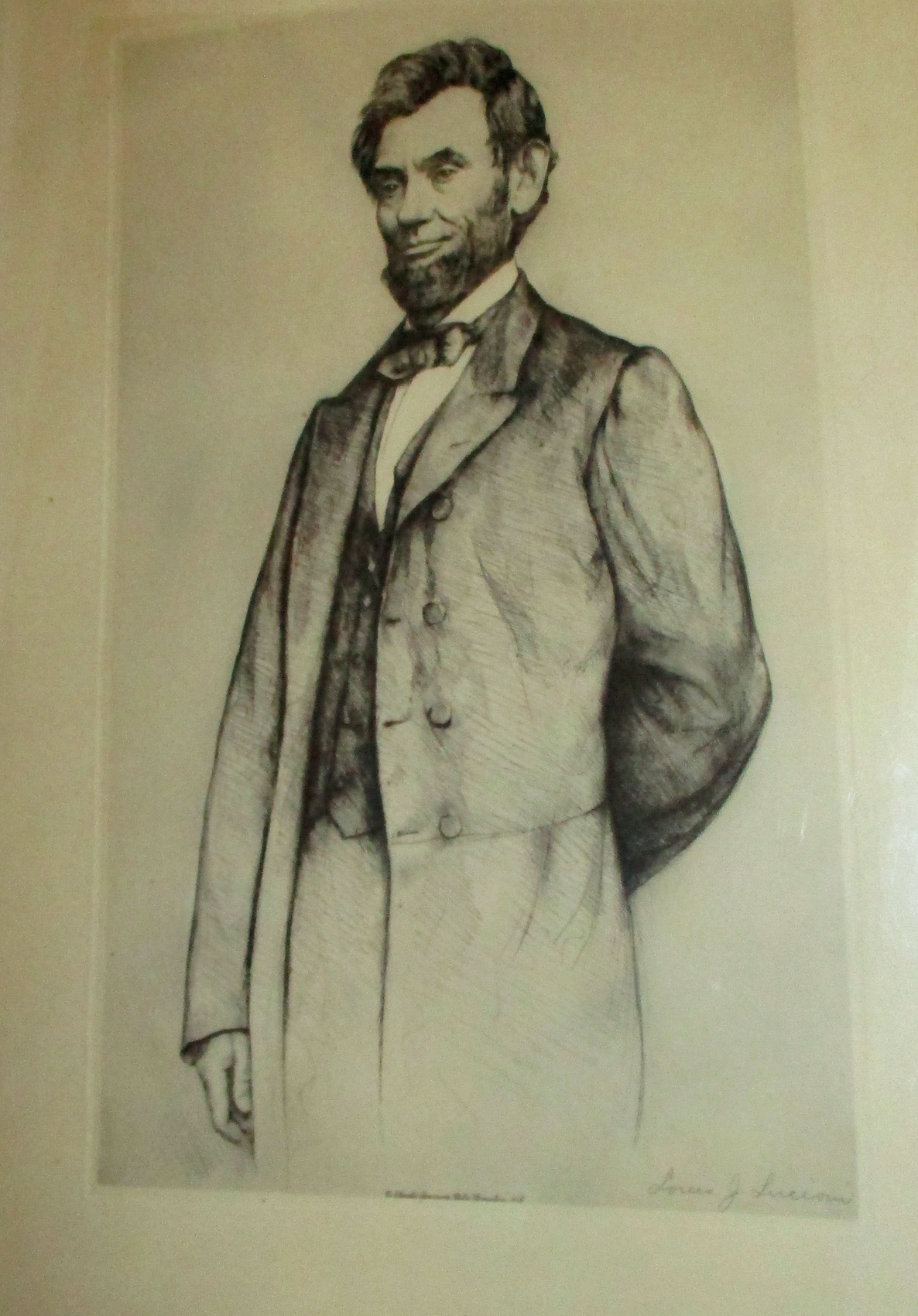 Dry Point Etching of Abraham Lincoln signed Louis J. Lucioni (as Luigi Lucioni signed his earliest prints) in Lucioni's hand (in pencil) bottom mid - within platemark: etched copyright Charles Barmore PUBR. Princeton, N.J.