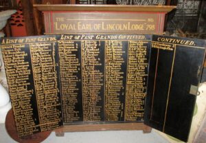 English IOOF "The Loyal Earl of Lincoln Lodge No.798" Roster of Grand Masters Cabinet - Listing of Grand Masters on the inside of the Cabinet