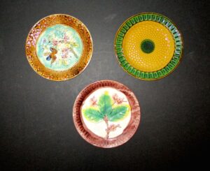 3 Majolica Plates (Bird & Flower, Reticulated Rim and Leaves & Flowers)