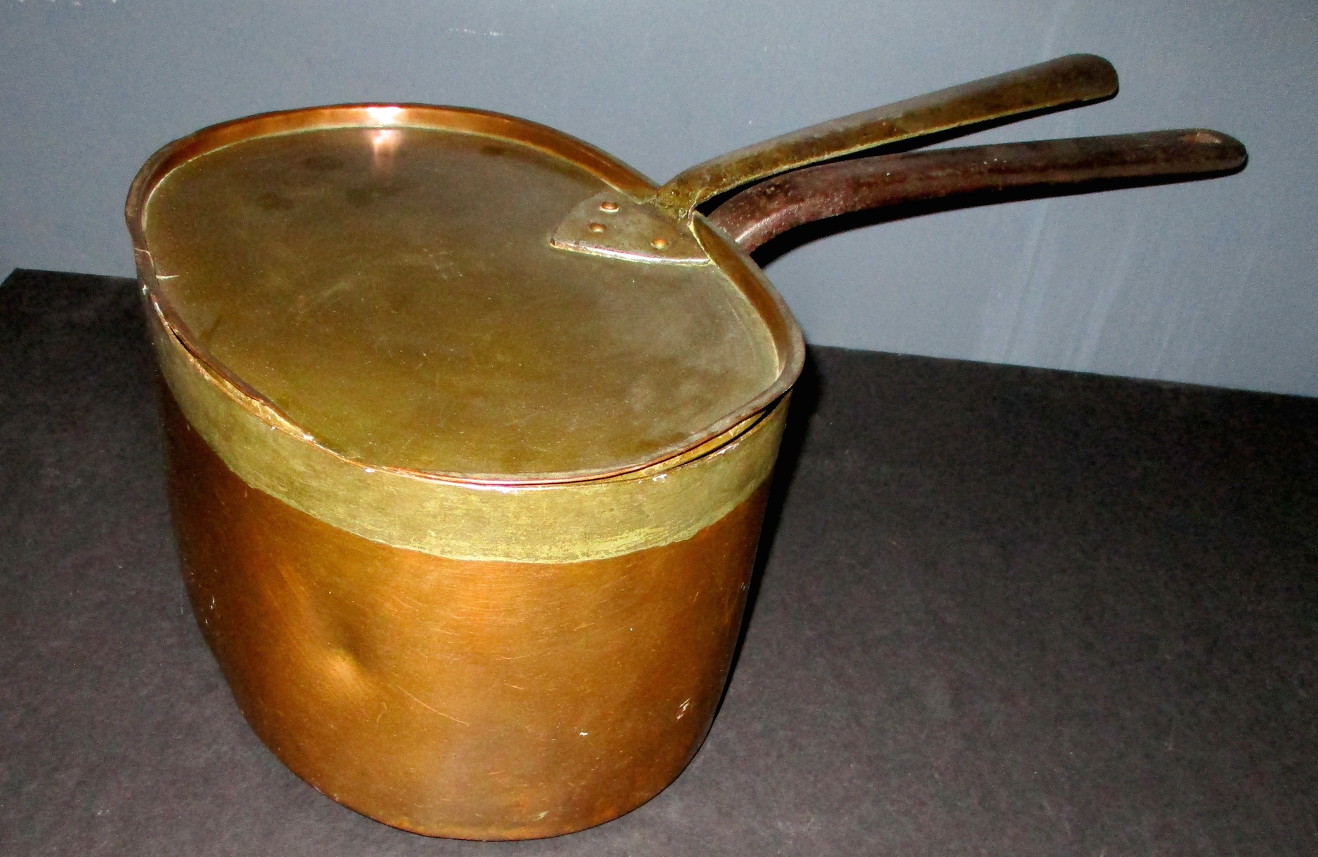 Early French Copper & Brass Daubiere w/Dovetail Construction and Iron Handles (EWM Mark)