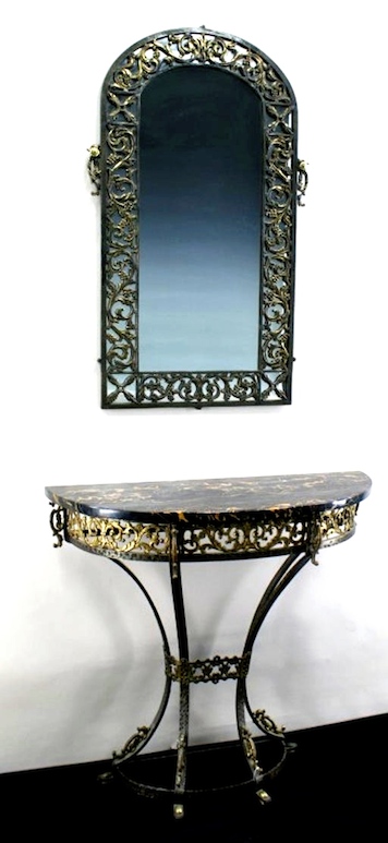 Art Deco Iron & Bronze Mirror and Console Attributed to Oscar Bach/Segar Studios