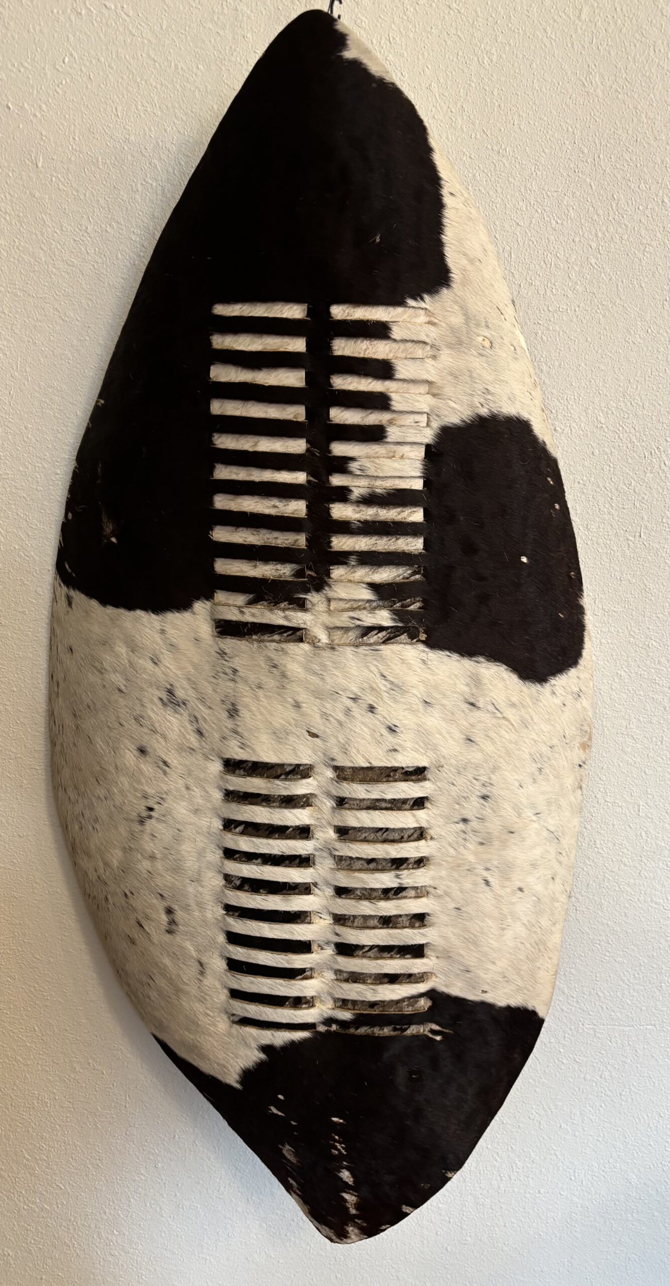 Hand-crafted Zulu Wooden Shield Covered in Cowhide. It used for both Battle and Ceremonial Purposes