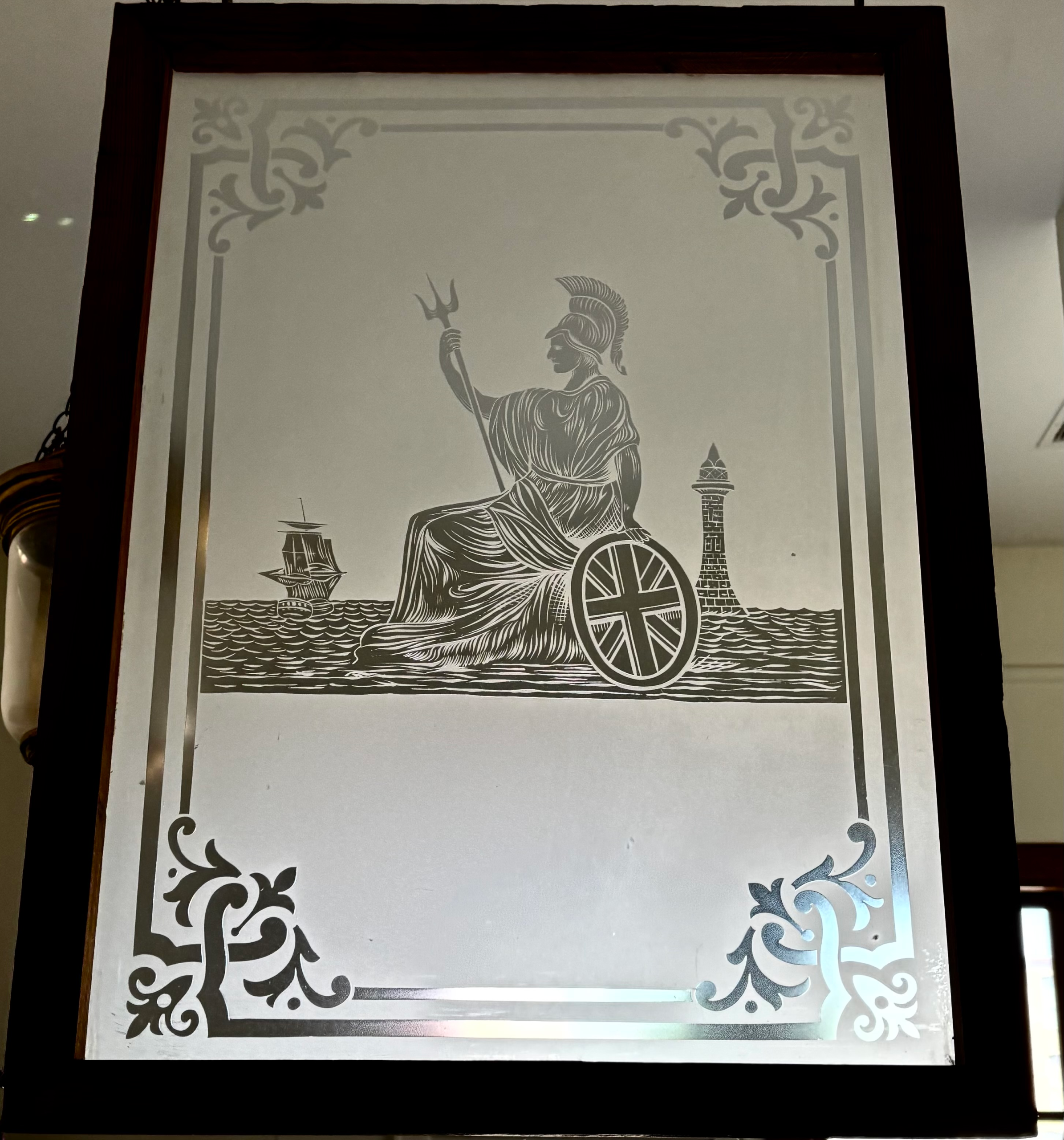 Framed Etched Glass Window from an English Pub depicting Britannia the National Personification of Britain.