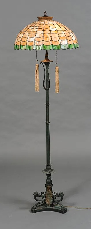 Patinated Bronze Floor lamp w/ Leaded Glass Shade