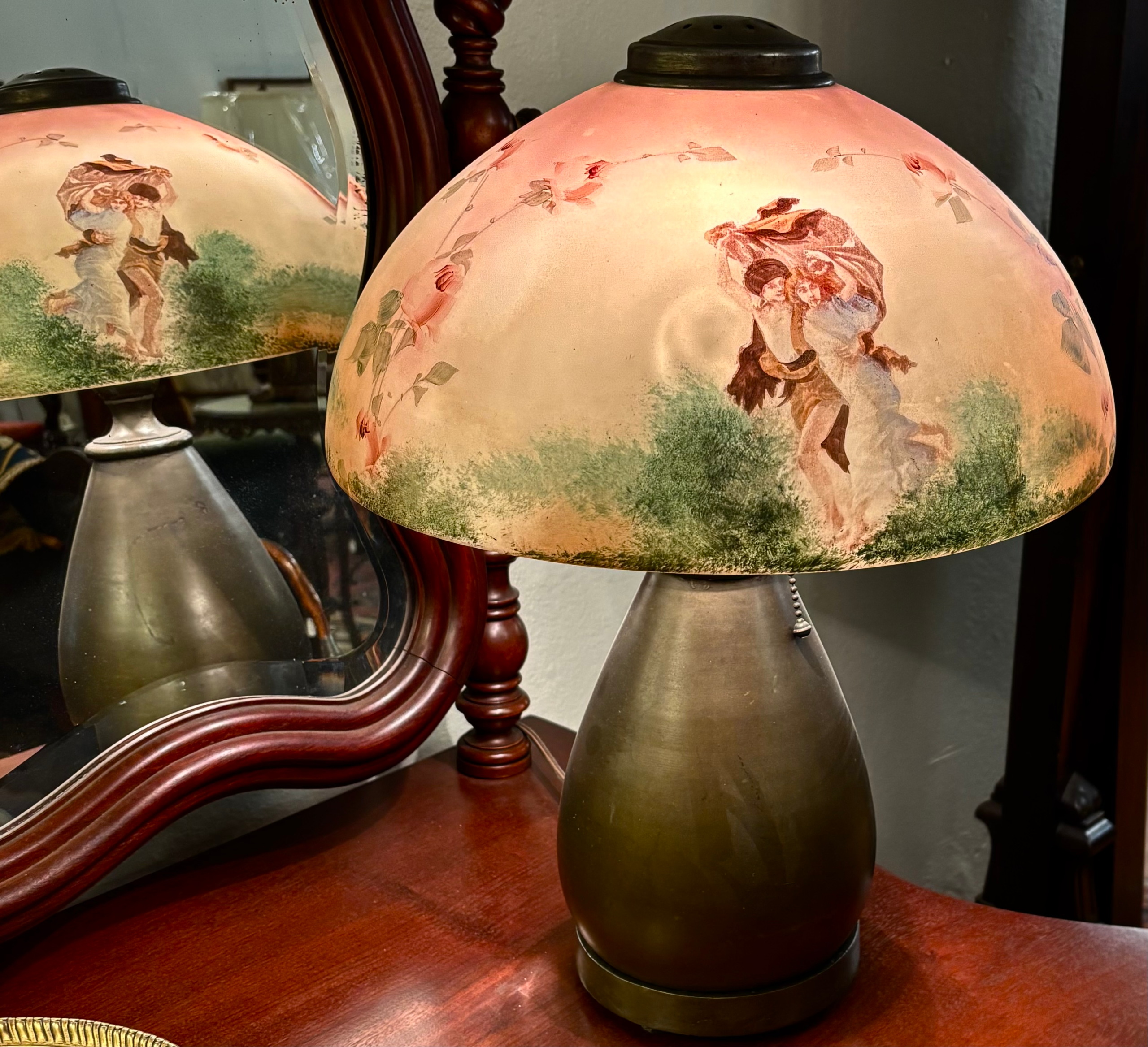 Restored Bronze Jefferson Lamp w/Reverse Painted Shade