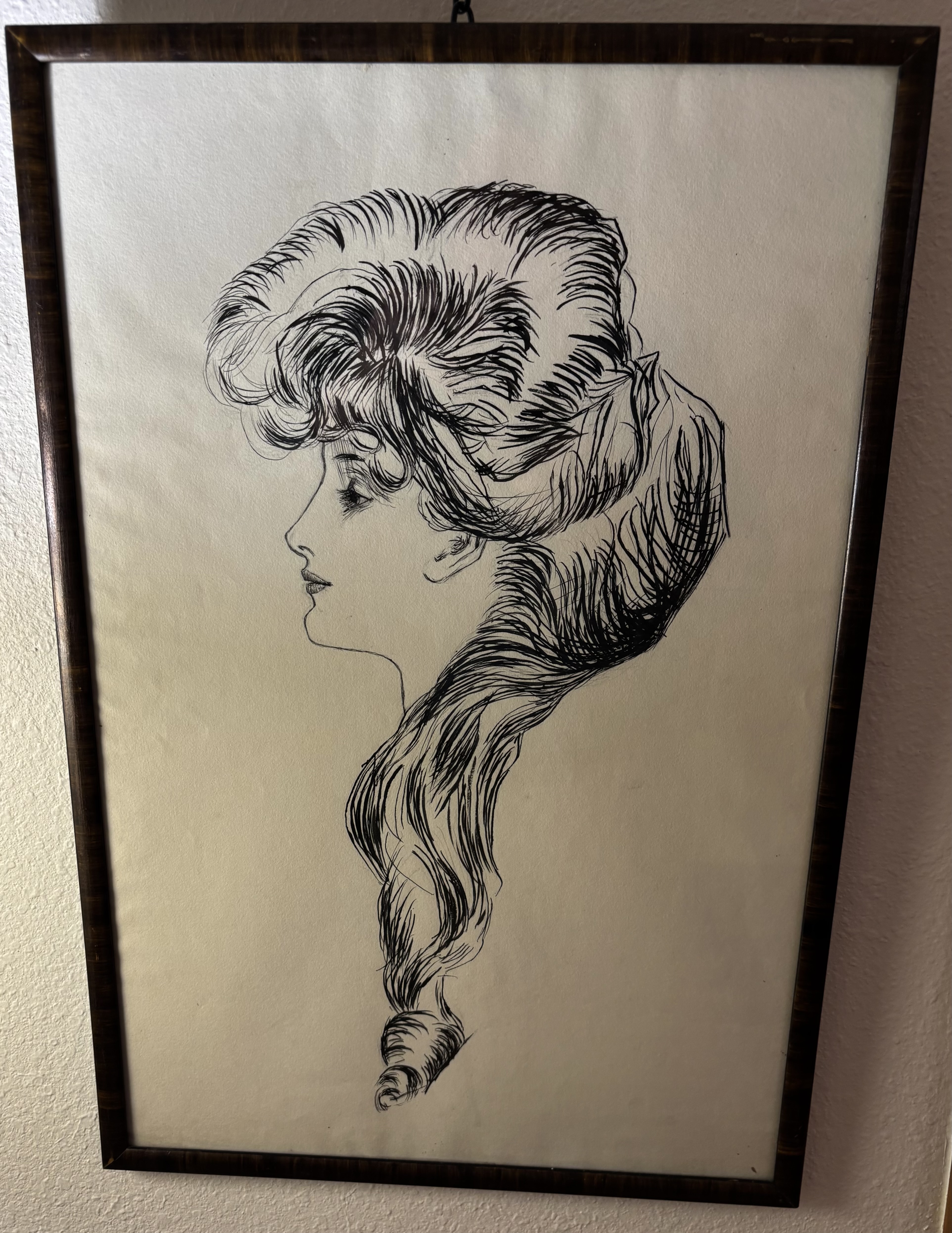 Ink Drawing by Charles Dana Gibson entitled "The Eternal Question" and depicting the profile of Evelyn Nesbit