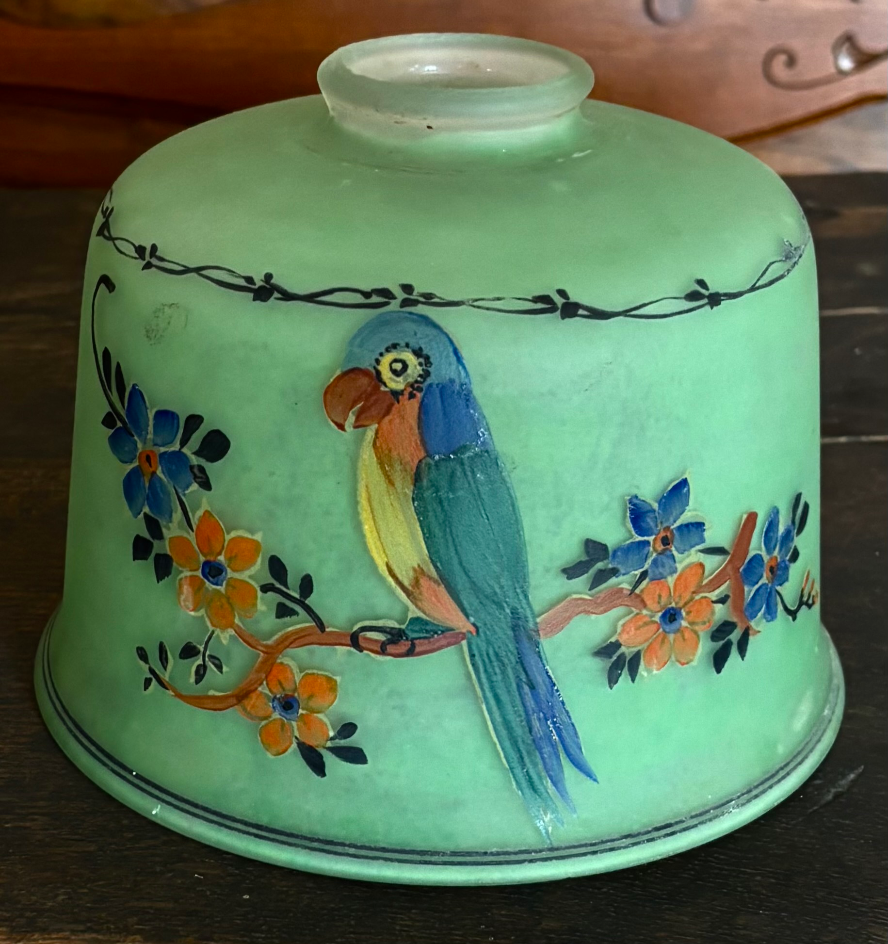 Green Glass Shade w/ Han-painted Tropical Bird Motif