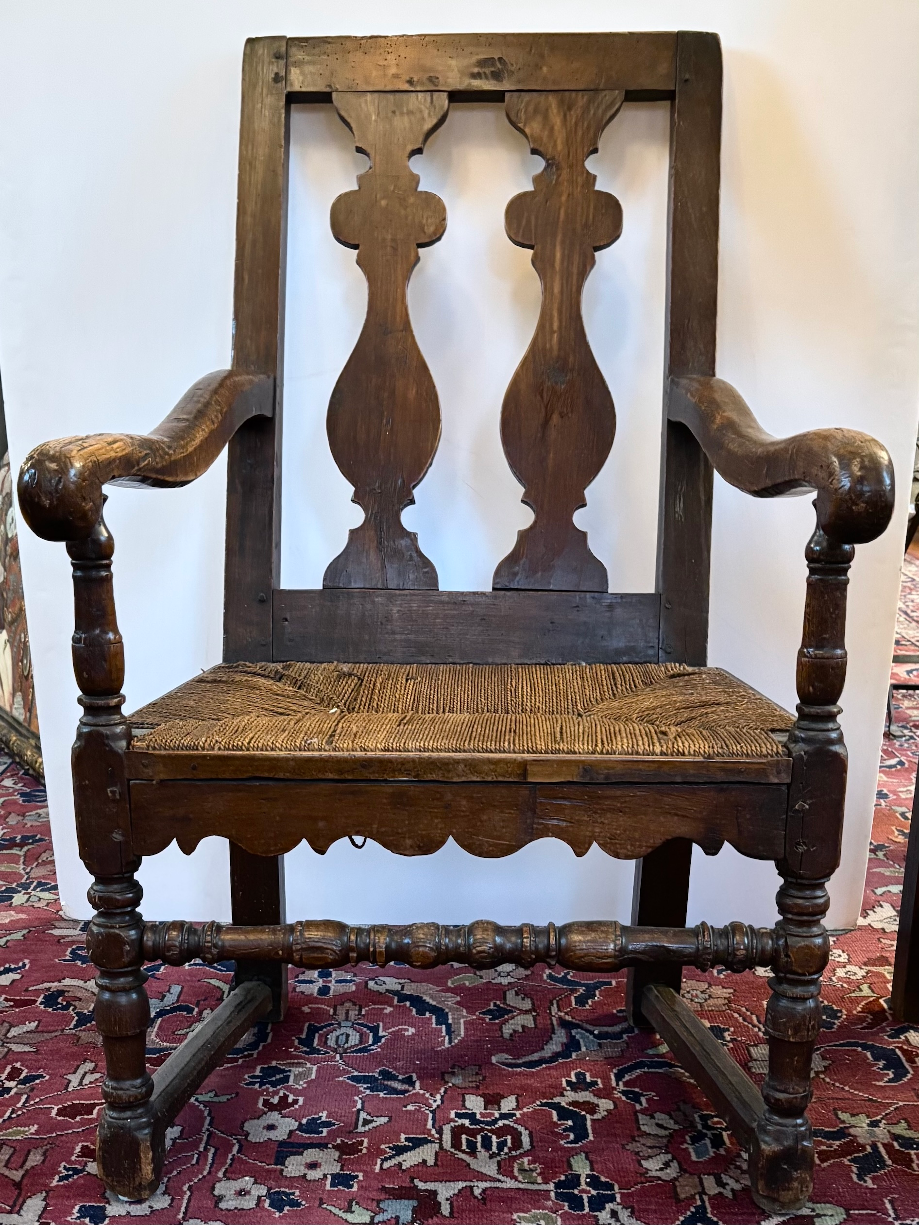 18th Century Unusual Double Splat, Rush Seat Arm Chair