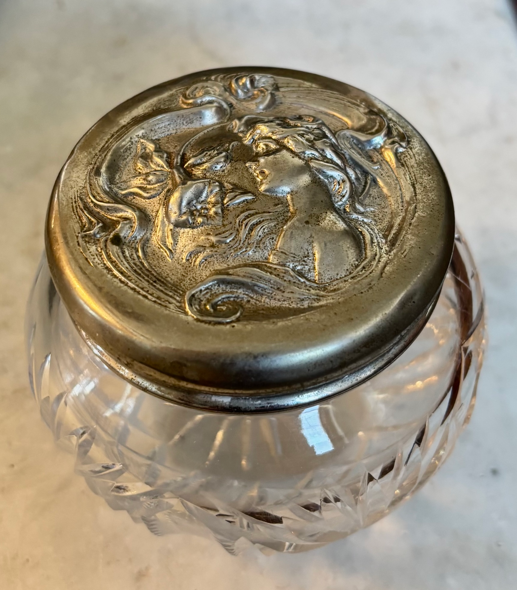Vintage Cut Glass Dresser Box with Art Nouveau Repousse Lid